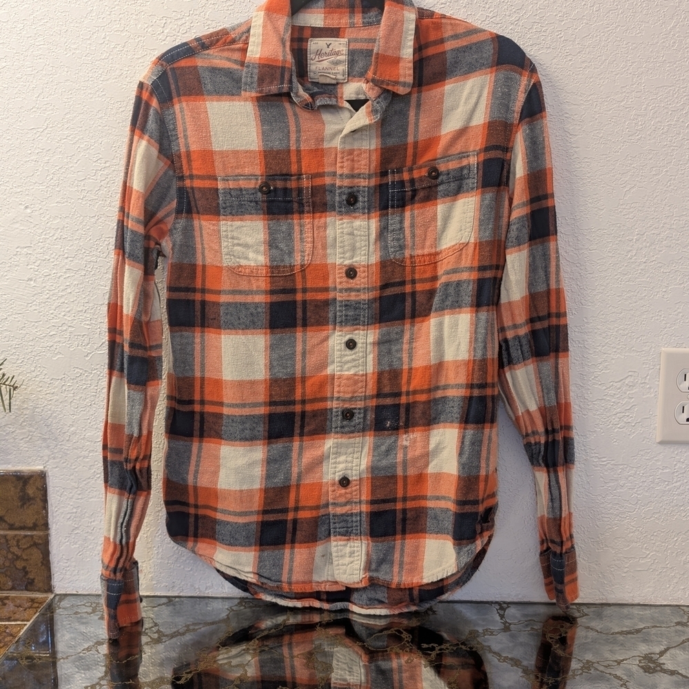 Plaid Button-Up Shirt - Orange , Blue And White